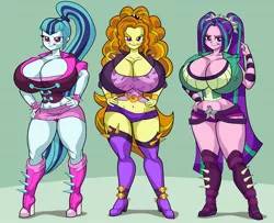 Size: 2185x1772 | Tagged: suggestive, artist:art-2u, artist:megatron-returns, derpibooru import, adagio dazzle, aria blaze, sonata dusk, equestria girls, belly button, big breasts, bimbo, bimbo adagio, bimbo aria, bimbo sonata, bracelet, breasts, busty adagio dazzle, busty aria blaze, busty dazzlings, busty sonata dusk, cleavage, clothes, curvy, erect nipples, female, females only, hand on hip, hourglass figure, huge breasts, image, impossibly large breasts, jpeg, looking at you, megaton returns, nipple outline, spiked wristband, the dazzlings, thick, trio, trio female, wide hips, wristband