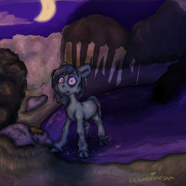 Size: 2048x2048 | Tagged: safe, artist:lilsunshinesam, derpibooru import, oc, oc:fisheyes, unofficial characters only, earth pony, kelpie, pony, cloud, cloven hooves, crescent moon, dripping, image, male, moon, night, png, shadow, solo, stallion, water, wet