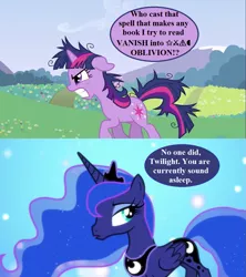 Size: 993x1118 | Tagged: safe, derpibooru import, edit, edited screencap, screencap, princess luna, twilight sparkle, bloom and gloom, lesson zero, bookhorse, censored vulgarity, crown, dialogue, disheveled, flower, grawlixes, image, jewelry, messy mane, nightmare, peytral, png, regalia, speech bubble, twilight snapple