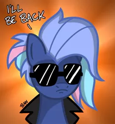 Size: 860x927 | Tagged: safe, artist:banquo0, derpibooru import, oc, oc:bit rate, earth pony, pony, gradient background, i'll be back, image, jpeg, ponyfest online, solo, sunglasses, text