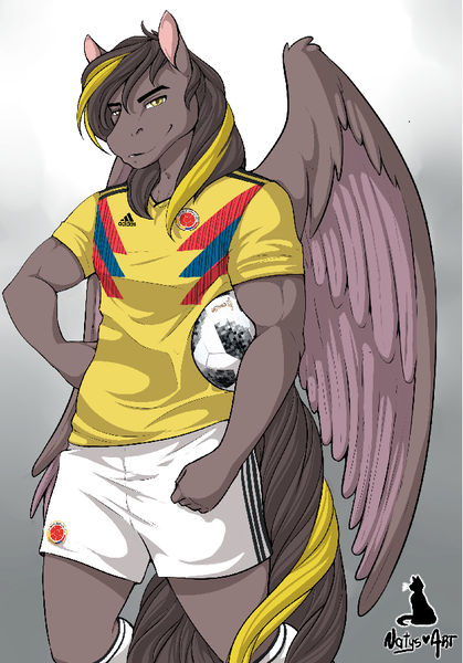 Size: 628x900 | Tagged: safe, artist:natysanime, derpibooru import, oc, oc:zeus, unofficial characters only, anthro, pegasus, adidas, clothes, colombia, commission, digital art, fifa, football, gradient background, hand on hip, image, lidded eyes, looking at you, male, png, shirt, shorts, smiling, soccer ball (object), solo, sports, wings, world cup