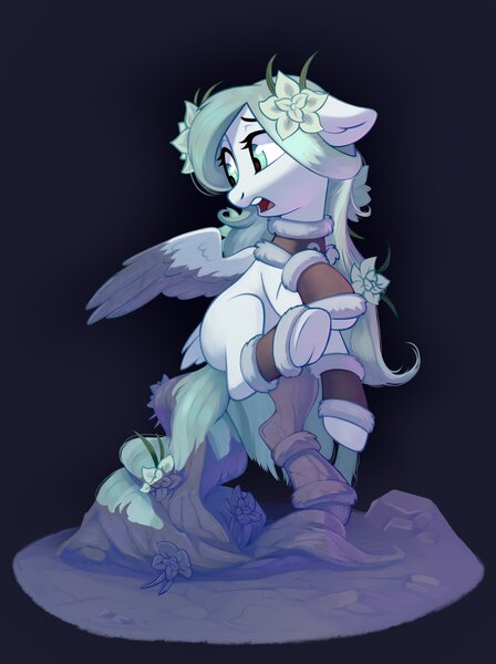 Size: 2914x3904 | Tagged: safe, artist:taneysha, derpibooru import, oc, unofficial characters only, pegasus, pony, female, flower, flower in hair, image, jpeg, leg warmers, mare, objectification, open mouth, petrification, solo, transformation