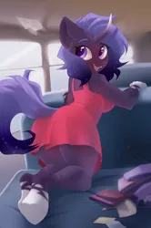 Size: 2722x4092 | Tagged: safe, artist:kebchach, derpibooru import, oc, oc:cosmic amber, unofficial characters only, anthro, unguligrade anthro, unicorn, book, breasts, bus, busty oc, clothes, dress, female, image, looking back, paper airplane, png, red dress, solo, underhoof