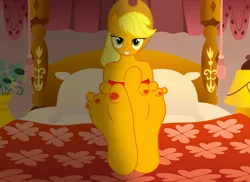 Size: 1920x1397 | Tagged: suggestive, artist:vibronbin13, derpibooru import, applejack, anthro, earth pony, plantigrade anthro, pony, applejack's hat, barefoot, bed, bra, clothes, cowboy hat, feet, female, fetish, foot fetish, foot focus, hat, image, mare, png, soles, solo, toenails, toes, underwear, wiggling toes