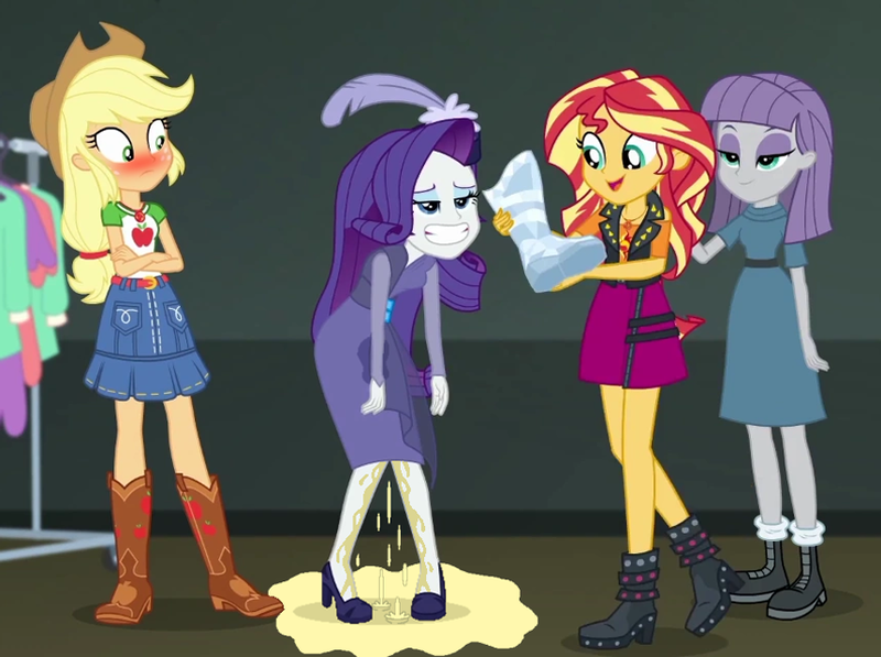 Size: 860x642 | Tagged: questionable, artist:thedarkpony, derpibooru import, edit, edited screencap, screencap, applejack, maud pie, rarity, sunset shimmer, equestria girls, equestria girls series, rarity investigates: the case of the bedazzled boot, accident, blushing, clothes, cropped, desperation, dress, faic, female, fetish, geode of empathy, geode of super strength, image, implied lesbian, implied rarijack, implied shipping, magical geodes, need to pee, omorashi, pee edit, peegasm, peeing in the dress, pigeon toed, pissing, png, potty emergency, potty failure, potty time, rarity investigates (eqg): applejack, urine, watersports, wetting