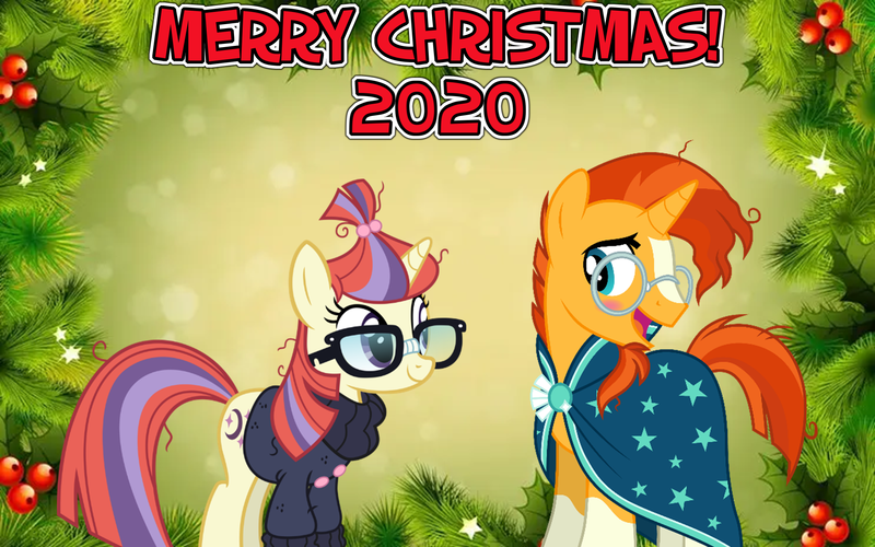 Size: 2064x1289 | Tagged: safe, anonymous artist, derpibooru import, moondancer, sunburst, unicorn, blushing, christmas, female, happy hearth's warming, hearth's warming, holiday, image, let it snow, looking at each other, lyrics in the description, male, merry christmas, png, shipping, straight, sundancer, youtube link in the description