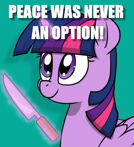 Size: 457x501 | Tagged: safe, artist:strebiskunk, derpibooru import, edit, twilight sparkle, caption, cropped, image, image macro, jpeg, knife, peace was never an option, solo, text, untitled goose game