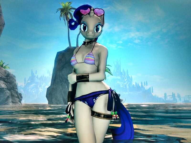 Size: 1040x780 | Tagged: artist needed, source needed, suggestive, derpibooru import, rarity, anthro, plantigrade anthro, pony, unicorn, 3d, adorable face, bikini, breasts, clothes, cute, heart sunglasses, image, jewelry, jpeg, mountain, ocean, palm tree, sexy, solo, sunglasses, swimsuit, tree