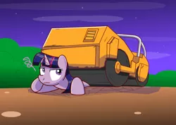 Size: 1280x905 | Tagged: safe, artist:trackheadtherobopony, derpibooru import, twilight sparkle, twilight sparkle (alicorn), alicorn, pony, abuse, crushed, image, jojo reference, jpeg, road roller, road roller da, solo, steamroller, twilight is not amused, twilybuse, unamused