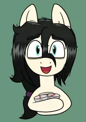 Size: 952x1348 | Tagged: safe, artist:scraggleman, derpibooru import, oc, oc:floor bored, earth pony, pony, cup noodles, image, instant noodles, looking at you, png, ponytail, smiling, solo