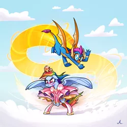 Size: 3000x2998 | Tagged: safe, artist:docwario, derpibooru import, rainbow dash, smolder, dragon, pegasus, pony, bipedal, blushing, clothes, clothes swap, cloud, commission, dragoness, dress, duo, embarrassed, female, flying, high res, image, jewelry, mare, pink dress, png, princess rainbow dash, rainbow dash always dresses in style, scrunchy face, skirt, skirt flip, skirt lift, sky background, spread wings, tiara, tomboy taming, uniform, wind, windswept mane, windy, wings, wonderbolts uniform