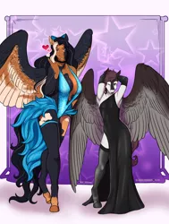 Size: 3203x4232 | Tagged: suggestive, artist:blackblood-queen, derpibooru import, oc, oc:breaking dawn, oc:lahore, unofficial characters only, anthro, pegasus, pony, unguligrade anthro, absolute cleavage, adopted offspring, anthro oc, arm behind head, armpits, big breasts, breasts, cleavage, clothes, commission, crossdressing, crossover, digital art, dress, female, femboy, gift art, heart, image, legs, male, mare, milf, modeling, mother and child, mother and son, pegasus oc, png, sexy, side slit, socks, stallion, thigh highs, thighs, wings, zettai ryouiki