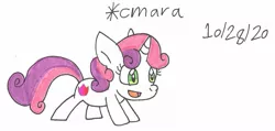 Size: 1130x540 | Tagged: safe, artist:cmara, derpibooru import, sweetie belle, pony, unicorn, female, filly, image, jpeg, open mouth, simple background, solo, traditional art, trotting, white background