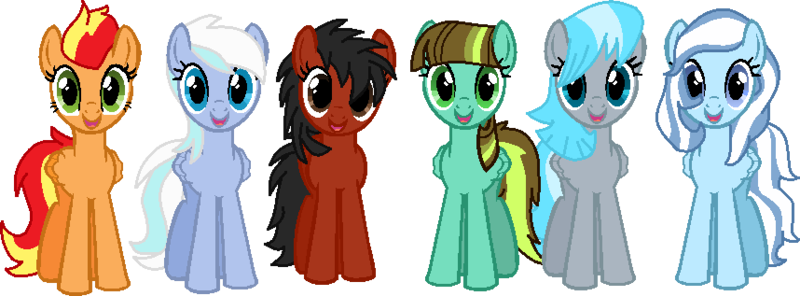 Size: 858x317 | Tagged: safe, artist:bronybase, artist:pegasski, derpibooru import, oc, oc:aqua haze, oc:coco, oc:firefoot, oc:sapphire raindrop, oc:sea spray, oc:silver syclone, unofficial characters only, pegasus, pony, base used, eyelashes, female, group, image, mare, pegasus oc, png, simple background, smiling, transparent background, wings