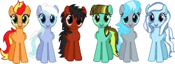 Size: 858x317 | Tagged: safe, artist:bronybase, artist:pegasski, derpibooru import, oc, oc:aqua haze, oc:coco, oc:firefoot, oc:sapphire raindrop, oc:sea spray, oc:silver syclone, unofficial characters only, pegasus, pony, base used, eyelashes, female, group, image, mare, pegasus oc, png, simple background, smiling, transparent background, wings