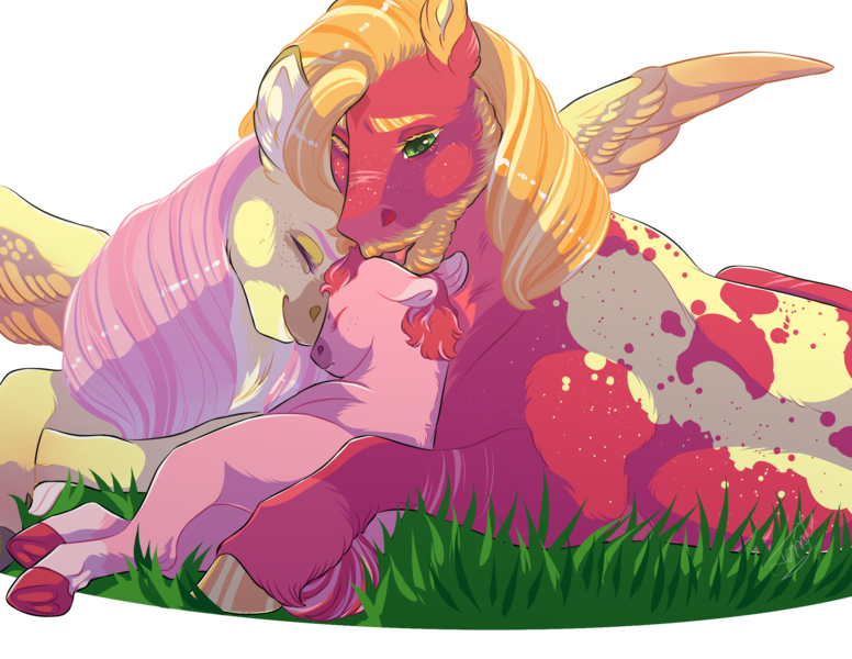 Size: 2200x1700 | Tagged: safe, artist:theartfox2468, derpibooru import, big macintosh, fluttershy, oc, oc:valentine, earth pony, pegasus, pony, alternate design, beard, blank flank, body freckles, coat markings, colored hooves, colored wings, colored wingtips, cuddling, cute, dawwww, eyes closed, facial hair, family, father and child, father and daughter, female, filly, floppy ears, fluttermac, freckles, grass, image, licking, lying down, macabetes, male, mare, mother and child, mother and daughter, offspring, parent:big macintosh, parent:fluttershy, parents:fluttermac, png, prone, scar, shipping, shyabetes, simple background, smiling, spread wings, stallion, straight, sweet dreams fuel, tongue out, transparent background, unshorn fetlocks, wings