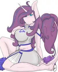 Size: 2195x2731 | Tagged: safe, artist:daniefox, derpibooru import, oc, oc:beth, anthro, unguligrade anthro, unicorn, cheerleader outfit, clothes, female, image, jpeg, simple background, solo, white background