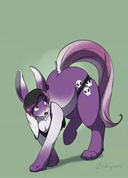 Size: 924x1280 | Tagged: suggestive, artist:blueberrysnow, derpibooru import, oc, oc:d'nae, anthro, earth pony, pony, rabbit, all fours, animal, ass up, breasts, butt, clothes, commission, cutie mark, digital art, female, furry, furry oc, furry to pony, hair, hooves, image, jpeg, looking back, mare, open mouth, panties, plot, simple background, solo, sports bra, tail, transformation, underwear