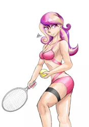 Size: 1400x2000 | Tagged: suggestive, alternate version, artist:zachc, derpibooru import, princess cadance, human, breasts, clothes, female, humanized, image, looking away, png, solo, solo female, swimsuit, tennis ball, tennis racket