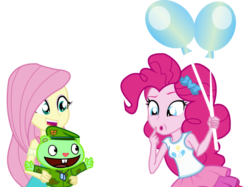 Size: 4250x3270 | Tagged: safe, artist:urhangrzerg, derpibooru import, fluttershy, pinkie pie, equestria girls, equestria girls series, :o, crossover, flippy, happy tree friends, image, open mouth, png, this will end in death, this will end in tears, this will end in tears and/or death