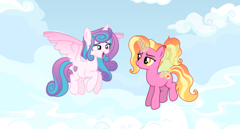 Size: 12118x6534 | Tagged: safe, artist:kojibiose, derpibooru import, luster dawn, princess flurry heart, alicorn, pony, unicorn, absurd resolution, artificial wings, augmented, cloud, cutie mark, duo, female, flying, horn, image, magic, magic wings, mare, older, older flurry heart, png, sky, wings