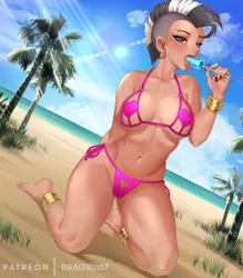 Size: 1050x1200 | Tagged: suggestive, artist:draltruist, derpibooru import, zecora, human, anime, beach, bikini, breasts, busty zecora, clothes, commission, digital art, eating, female, food, humanized, image, kneeling, png, popsicle, solo, solo female, suggestive eating, swimsuit, white zecora