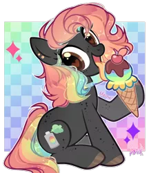 Size: 1326x1535 | Tagged: safe, artist:lazuli0209, derpibooru import, oc, unofficial characters only, earth pony, pony, commission, ear piercing, earth pony oc, food, heart eyes, hoof hold, hoof polish, ice cream, ice cream cone, image, licking, multicolored hair, piercing, png, rainbow hair, signature, simple background, sitting, solo, tongue out, transparent background, wingding eyes, ych result