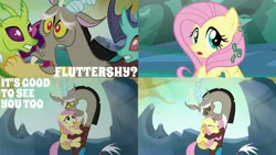 Size: 1986x1117 | Tagged: safe, derpibooru import, edit, edited screencap, editor:quoterific, screencap, cornicle, discord, fluttershy, changedling, changeling, draconequus, pegasus, pony, to where and back again, blushing, duo, eyes closed, female, hug, image, male, open mouth, png, solo, surprised, teeth, trio, trio male