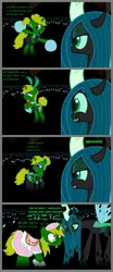 Size: 1600x3847 | Tagged: suggestive, artist:evilfrenzy, derpibooru import, queen chrysalis, oc, changeling, changeling queen, pony, unicorn, alternate hairstyle, bridle, bunny suit, cheerleader outfit, clothes, comic, crossdressing, cuffs (clothes), dress, eyes closed, female, glasses, headdress, image, jpeg, leaves, leotard, lidded eyes, lipstick, male, mare, panties, saddle, show accurate, socks, stallion, stockings, tack, thigh highs, thong, underwear