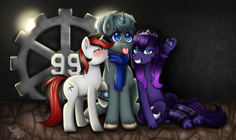 Size: 5444x3237 | Tagged: safe, artist:yumomochan, derpibooru import, princess luna, oc, oc:blackjack, oc:scope sight, cat, cat pony, original species, unicorn, fallout equestria, fallout equestria: project horizons, blushing, catified, commission, dark background, digital art, dirt, fanfic art, image, kissing, lights, metal gear, paws, png, princess mewna, silly face, smiling, species swap, tongue out, trio