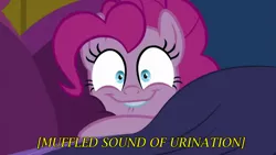 Size: 1280x720 | Tagged: suggestive, derpibooru import, edit, edited screencap, screencap, pinkie pie, earth pony, pony, cakes for the memories, spoiler:cakes for the memories, spoiler:mlp friendship is forever, bed, bedroom, comic, creepy, descriptive noise, female, image, implied bedwetting, implied twilight sparkle, implied urine, lamp, lip bite, mare, open mouth, personal space invasion, pillow, pinkie pie is watching you, png, screencap comic, shocked, shrunken pupils, smiling, solo, twilight's castle