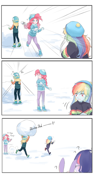 Size: 1299x2440 | Tagged: safe, artist:yuan-rino, derpibooru import, applejack, fluttershy, pinkie pie, rainbow dash, sci-twi, twilight sparkle, equestria girls, 3 panel comic, comic, image, offscreen character, png, question mark, running, snow