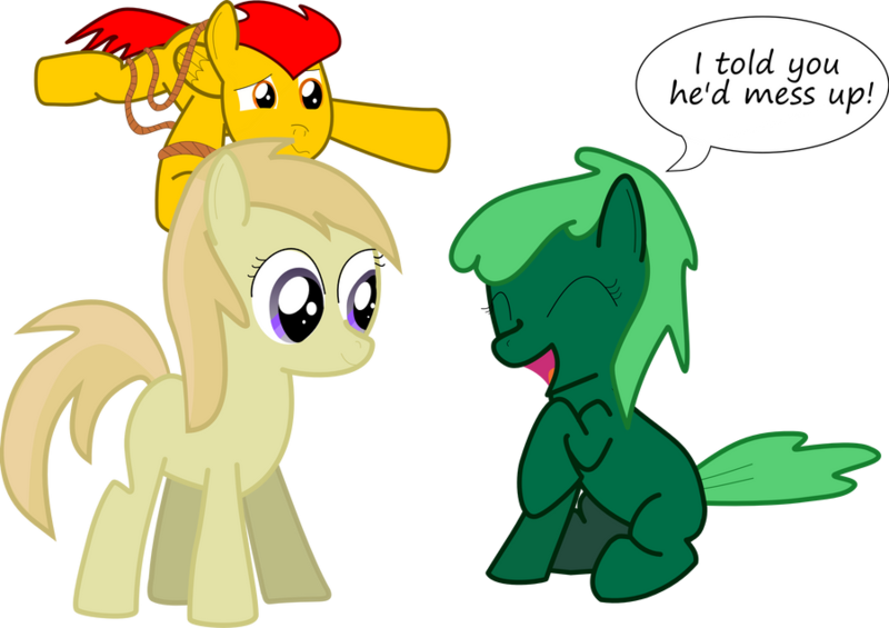 Size: 900x636 | Tagged: safe, artist:laberoon, derpibooru import, noi, oc, oc:bizzul, oc:spearmint, earth pony, pegasus, pony, .ai available, .svg available, 1000 hours in ms paint, colt, female, filly, funny, giggling, image, laughing, male, png, rope, sad, silly, simple background, smiling, stuck, text, transparent background, vector, word bubble, worried