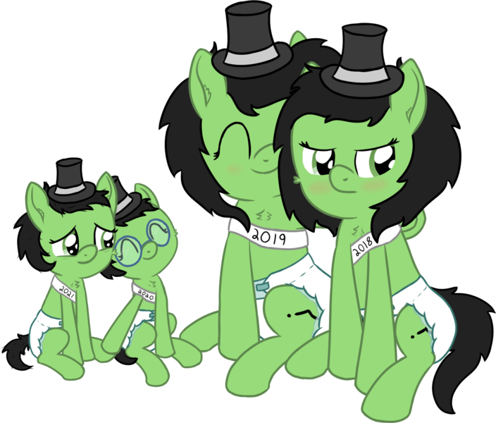 Size: 1494x1273 | Tagged: safe, artist:craftycirclepony, derpibooru import, oc, oc:anonfilly, unofficial characters only, pony, 2018, 2019, 2020, 2021, adoranon, baby, baby new year, bags under eyes, blushing, cheek fluff, chest fluff, cute, diaper, ear fluff, embarrassed, eyes closed, female, filly, frown, glasses, happy, hat, hoof touching, hug, image, leaning, lidded eyes, looking at each other, looking away, messy mane, new year, non-baby in diaper, nuzzling, png, quartet, sash, simple background, sitting, smiling, tired, top hat, transparent background, underhoof
