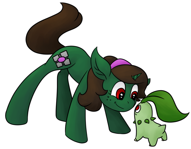 Size: 3376x2638 | Tagged: safe, artist:marly-kaxon, derpibooru import, oc, oc:nahuelina, unofficial characters only, chikorita, pony, unicorn, female, freckles, headband, image, kneeling, looking at each other, mare, png, pokémon, simple background, smiling, transparent background