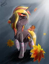 Size: 1021x1343 | Tagged: safe, artist:yuris, derpibooru import, oc, oc:java, unofficial characters only, pony, unicorn, clothes, image, leaves, png, rain, socks, solo, striped socks, wet, wet mane