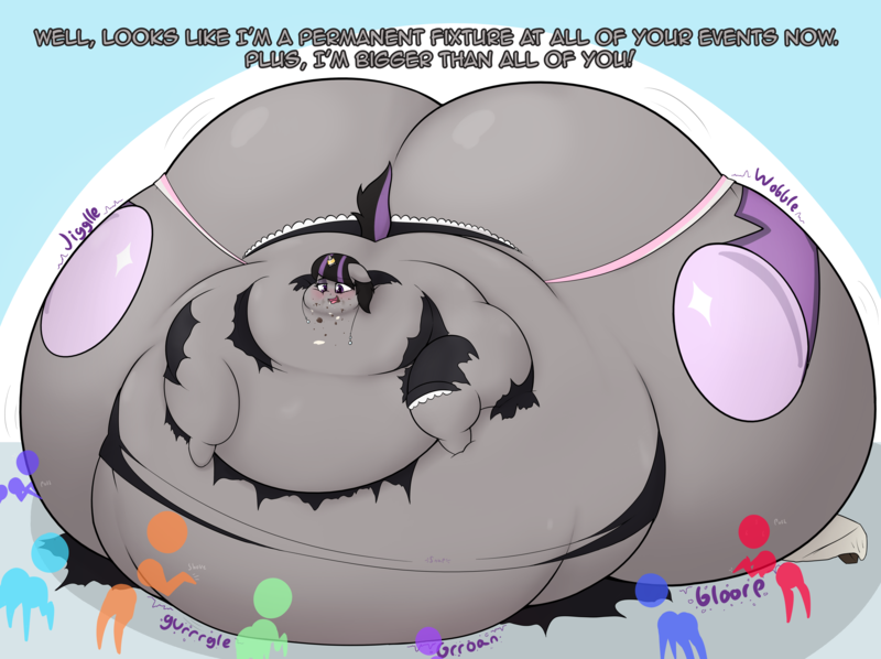 Size: 4980x3720 | Tagged: questionable, alternate version, artist:czu, derpibooru import, part of a set, oc, oc:magna-save, unofficial characters only, pony, unicorn, abstract background, belly, belly bed, big belly, bingo wings, blob, blushing, butt, cake, chubby cheeks, clothes, commission, crowd, cupcake, dialogue, dress, ear fluff, fat, floppy ears, food, generic pony, horn, horn ring, huge belly, huge butt, hyper, hyper belly, hyper butt, image, immobile, impossibly large belly, impossibly large butt, impossibly large everything, jewelry, large butt, magic, messy eating, morbidly obese, neck roll, obese, onomatopoeia, open mouth, panties, part of a series, png, raised hoof, ring, smiling, solo focus, stomach noise, table, telekinesis, text, torn clothes, underwear