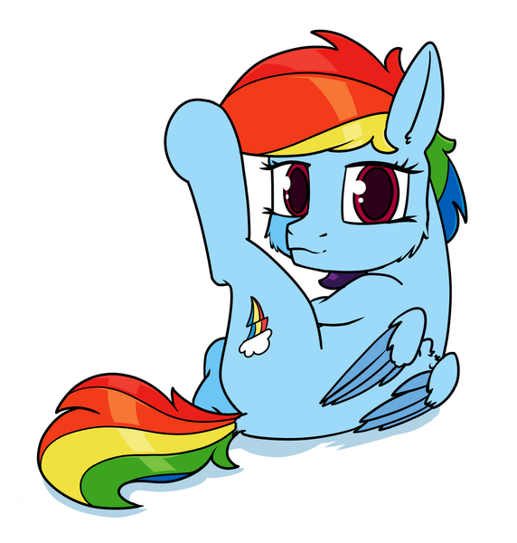 Size: 1143x1200 | Tagged: safe, artist:dacaoo, derpibooru import, rainbow dash, pegasus, pony, behaving like a cat, female, image, looking at you, lying, png, raised hoof, simple background, solo, white background