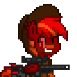 Size: 384x384 | Tagged: safe, artist:firehearttheinferno, derpibooru import, oc, oc:lance longmane, unofficial characters only, pony, fallout equestria, 16-bit, ashes town, blaze (coat marking), clothes, cowboy hat, dashite, derpibooru exclusive, ear tufts, fallout equestria: equestria the beautiful, folded wings, grin, gun, hat, image, jacket, leather hat, leather jacket, orange eyes, pixel art, png, red coat, rifle, scar, scarred, simple background, smiling, sniper, sniper rifle, solo, sprite, striped mane, striped tail, transparent background, weapon, wings
