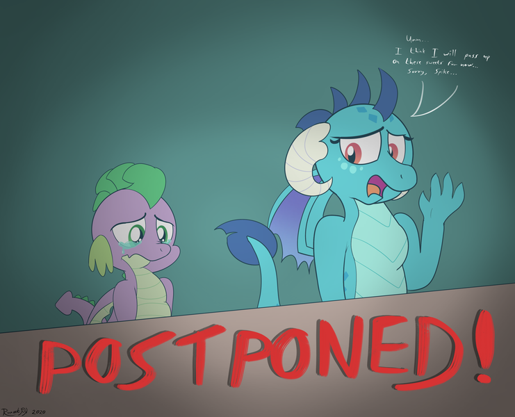 Size: 4200x3400 | Tagged: safe, artist:rupertbluefox, derpibooru import, princess ember, spike, dragon, announcement in the description, cancelled, crying, denied, floppy ears, floppy spikes, image, png, postponement, sad, tears of sadness, winged spike