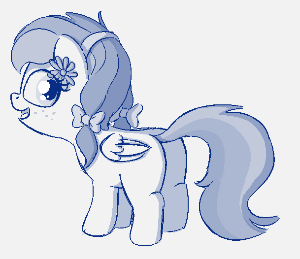 Size: 609x526 | Tagged: safe, artist:heretichesh, derpibooru import, oc, oc:angel blossom, pegasus, pony, bow, butt, female, filly, freckles, hair bow, happy, image, looking back, monochrome, pigtails, png, sketch, smiling