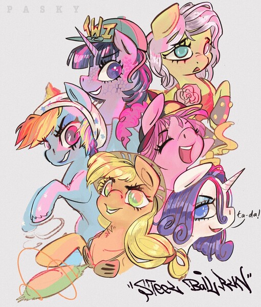 Size: 1700x2000 | Tagged: safe, artist:paskylizart, derpibooru import, applejack, fluttershy, pinkie pie, rainbow dash, rarity, twilight sparkle, six fanarts, anime, clothes, cowboy, crossover, diego brando, fanart, funny valentine, gyro zeppeli, hot pants, image, jjba, johnny joestar, jojo reference, jojo's bizarre adventure, jpeg, lipstick, lucy steel, mane six, manga, mashup, scales, stand, stars, western