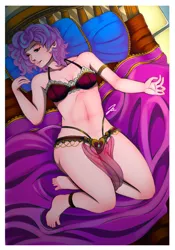Size: 1280x1833 | Tagged: suggestive, artist:jennobasilicum, derpibooru import, princess flurry heart, human, alternate hairstyle, anklet, barefoot, bed, bedroom, bedroom eyes, belly button, blanket, bra, breasts, clothes, feet, female, humanized, image, jpeg, older, older flurry heart, one eye closed, open mouth, panties, pillow, red underwear, solo, solo female, underwear, wink