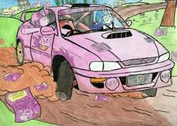 Size: 3414x2431 | Tagged: safe, artist:sparkfler85, derpibooru import, pinkie pie, rarity, earth pony, pony, unicorn, car, crayon drawing, dirt, image, jpeg, subaru, subaru impreza, traditional art, tree