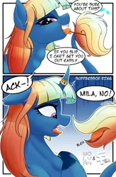 Size: 840x1280 | Tagged: suggestive, artist:suspega, artist:wolvan, derpibooru import, oc, oc:cobalt mist, pony, unicorn, 2 panel comic, accident, accidental vore, bleh, comic, dialogue, female, horn, horn ring, image, jewelry, leonine tail, magic suppression, micro, mistake, plewds, png, prehensile tongue, ring, rope, size difference, speech bubble, string, struggling, stubborn, swallowing, tail maw, tail mouth, throat bulge, tongue out, tongue wrap, vore, worried