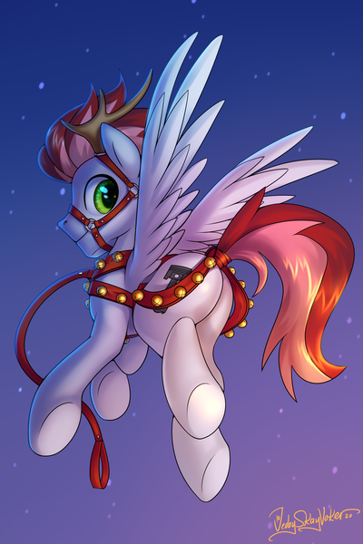 Size: 2000x3000 | Tagged: safe, alternate version, artist:jedayskayvoker, derpibooru import, oc, oc:swift apex, unofficial characters only, pegasus, pony, animal costume, antlers, bells, bridle, butt, clothes, costume, flying, gradient background, harness, image, jingle bells, leash, looking at you, looking back, looking back at you, male, plot, png, reindeer antlers, reindeer costume, solo, tack, tail wrap, underhoof