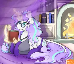 Size: 2000x1713 | Tagged: safe, artist:daniefox, derpibooru import, oc, oc:harmony bell, pony, unicorn, book, clothes, female, fireplace, garter belt, garters, glasses, image, jpeg, lying down, magic, mare, prone, socks, solo, stockings, thigh highs