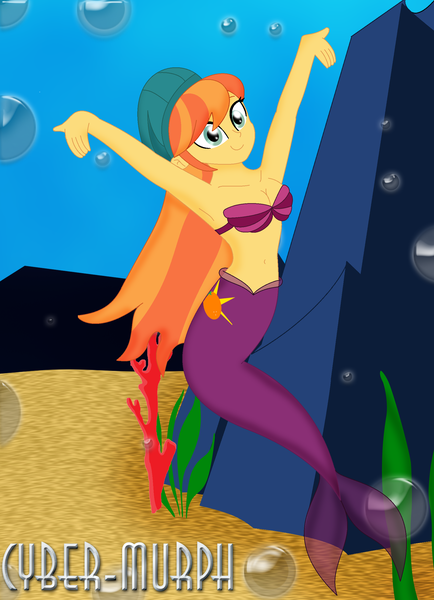 Size: 1928x2664 | Tagged: safe, artist:cyber-murph, derpibooru import, orange sunrise, mermaid, equestria girls, equestria girls series, arms in the air, beanie, belly, belly button, bikini, bra, breasts, bubble, cleavage, clothes, coral, cute, flowing hair, hat, image, mermaidized, midriff, png, seashell bra, seaweed, signature, species swap, swimsuit, underwater, underwear