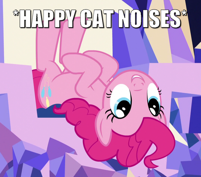 Size: 1079x949 | Tagged: safe, derpibooru import, pinkie pie, earth pony, pony, behaving like a cat, caption, cute, descriptive noise, diapinkes, image, image macro, lying down, on back, pinkie cat, png, text, upside down