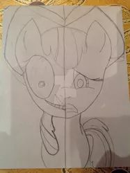 Size: 1024x1371 | Tagged: safe, derpibooru import, apple bloom, earth pony, pony, bow, creepybloom, deviantart watermark, female, filly, hair bow, image, jpeg, obtrusive watermark, pencil drawing, scared, sketch, smiling, traditional art, two sides, watermark